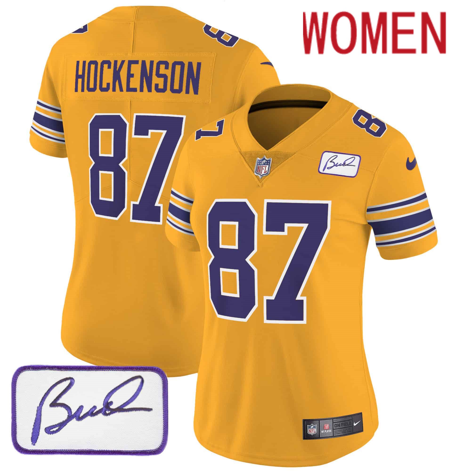 Women Minnesota Vikings #87 Hockenson Yellow 2024 Nike Bud Grant Patch Classic Limited NFL Jersey